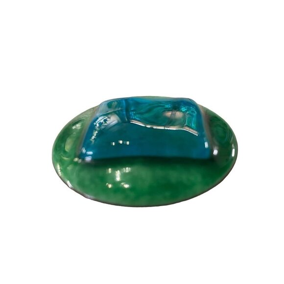 Vintage 1980s Porcelain Brooch Pin Mod Design Blue Green Glazed Copper Trim 2" D - Picture 6 of 12